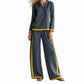 🔥Gratis verzending✈️Dames Colorblock 2-Delige Set met Lange Mouwen Top & Wijde Pantalon – Trendy Design en Comfortabele Pasvorm