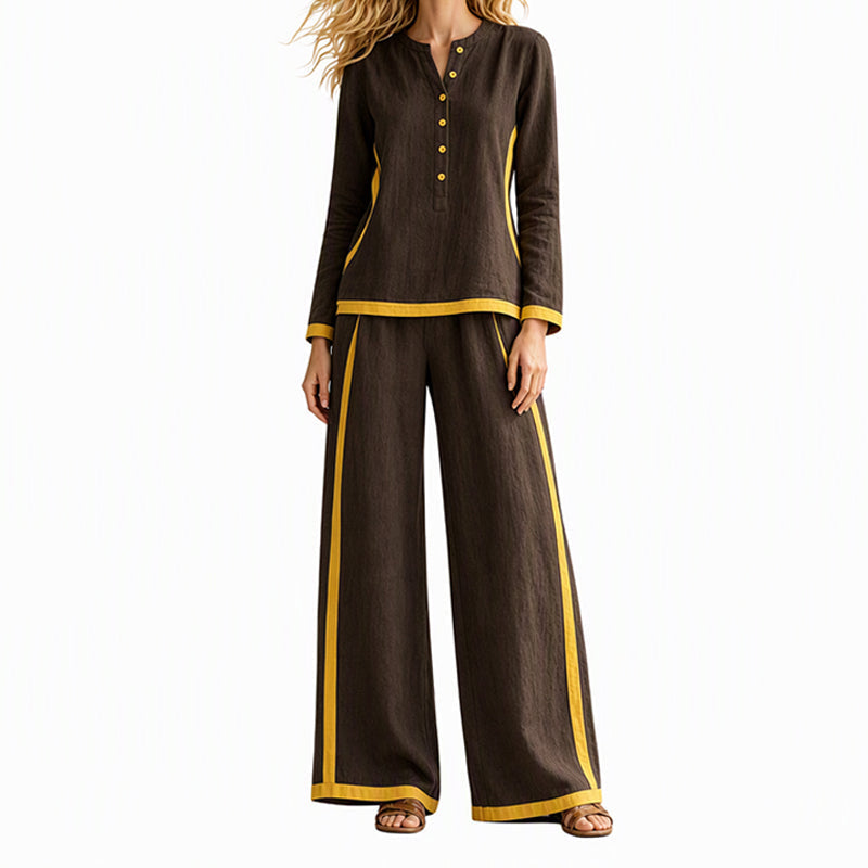 🔥Gratis verzending✈️Dames Colorblock 2-Delige Set met Lange Mouwen Top & Wijde Pantalon – Trendy Design en Comfortabele Pasvorm