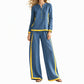 🔥Gratis verzending✈️Dames Colorblock 2-Delige Set met Lange Mouwen Top & Wijde Pantalon – Trendy Design en Comfortabele Pasvorm