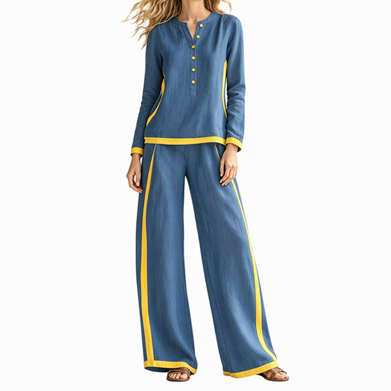 🔥Gratis verzending✈️Dames Colorblock 2-Delige Set met Lange Mouwen Top & Wijde Pantalon – Trendy Design en Comfortabele Pasvorm