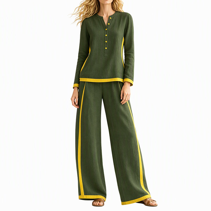 🔥Gratis verzending✈️Dames Colorblock 2-Delige Set met Lange Mouwen Top & Wijde Pantalon – Trendy Design en Comfortabele Pasvorm