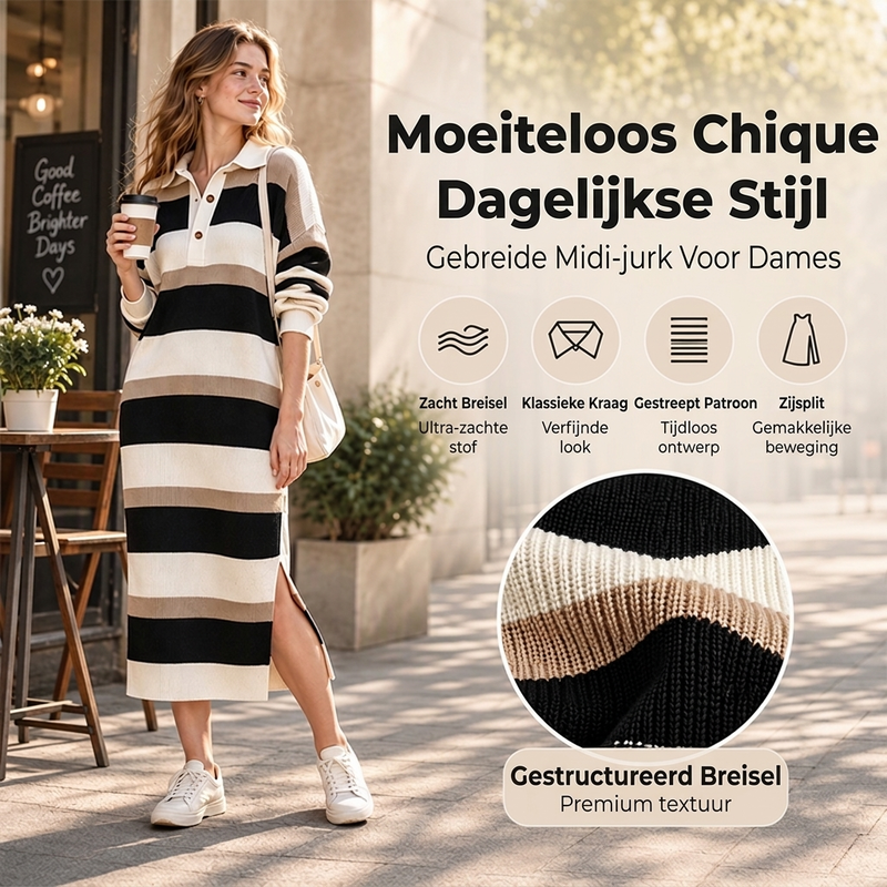 ✨ Nieuwe Collectie 👗 Dames Gestreepte Gebreide Jurk met Kraag – Elegante Pasvorm, Zacht Comfort & Tijdloze Stijl
