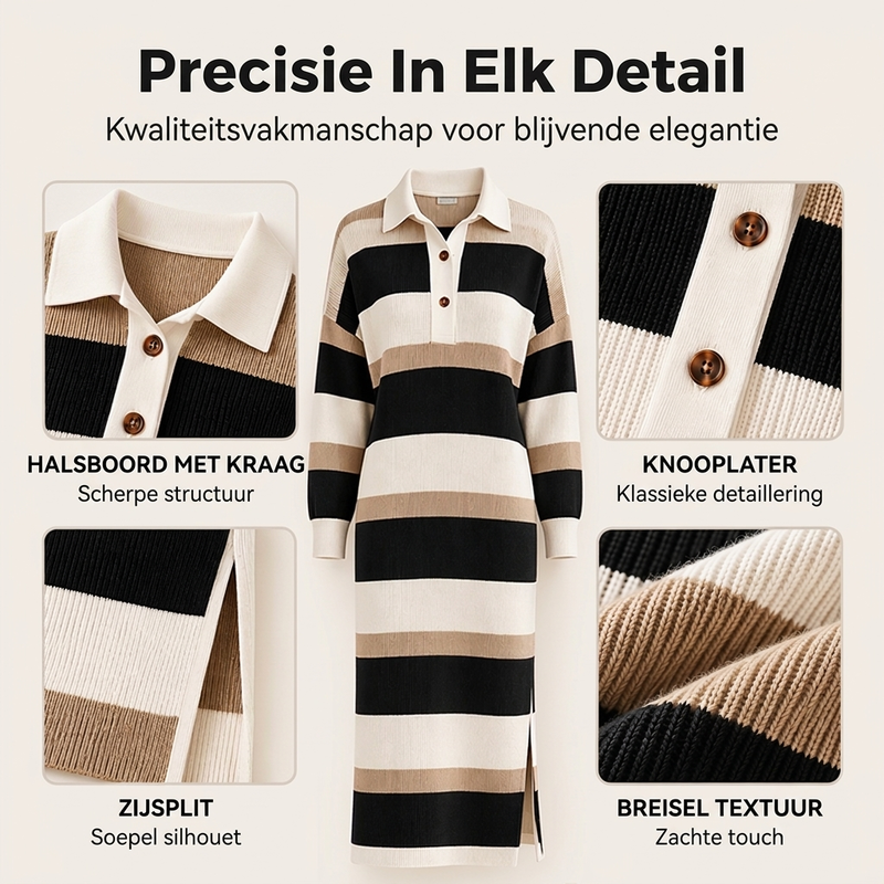✨ Nieuwe Collectie 👗 Dames Gestreepte Gebreide Jurk met Kraag – Elegante Pasvorm, Zacht Comfort & Tijdloze Stijl