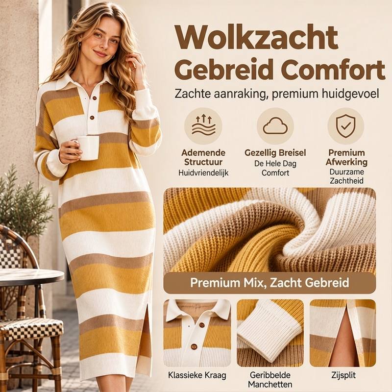 ✨ Nieuwe Collectie 👗 Dames Gestreepte Gebreide Jurk met Kraag – Elegante Pasvorm, Zacht Comfort & Tijdloze Stijl