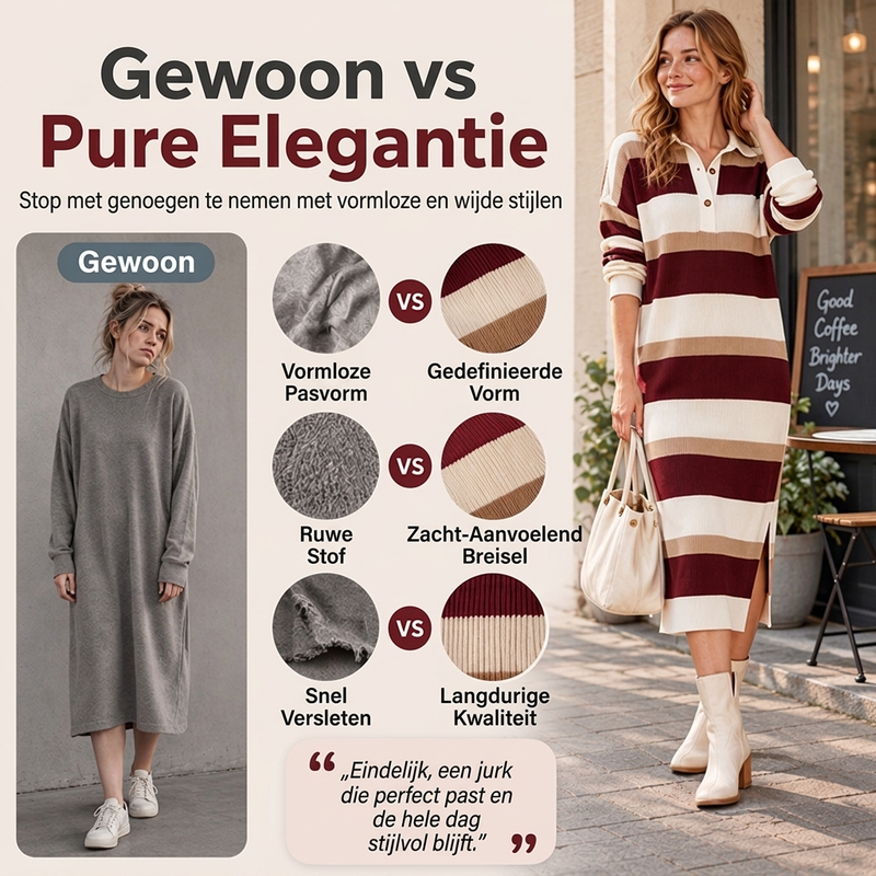 ✨ Nieuwe Collectie 👗 Dames Gestreepte Gebreide Jurk met Kraag – Elegante Pasvorm, Zacht Comfort & Tijdloze Stijl