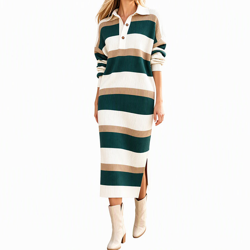 ✨ Nieuwe Collectie 👗 Dames Gestreepte Gebreide Jurk met Kraag – Elegante Pasvorm, Zacht Comfort & Tijdloze Stijl
