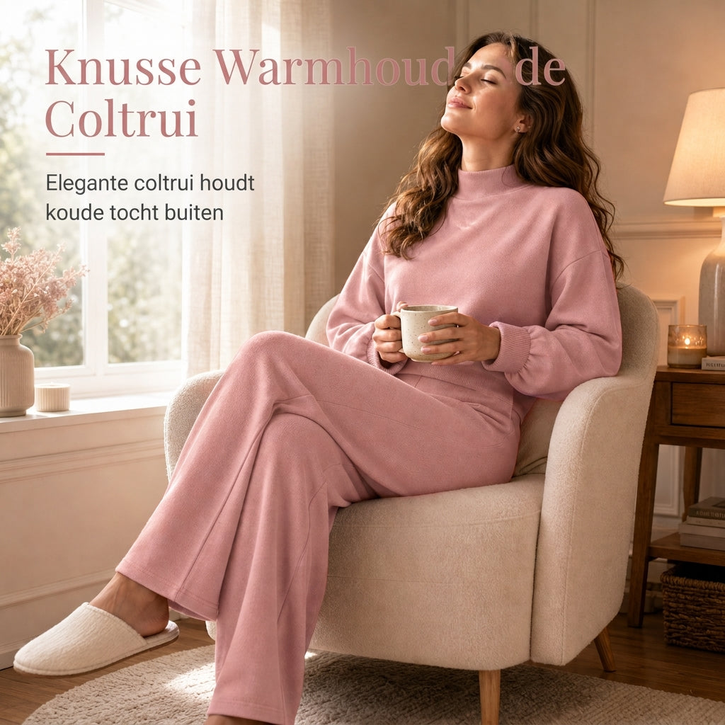 🔥Gratis verzending✈️Dames Gebreide 2-Delige Loungeset met Mock Neck Sweatshirt & High Waist Wijde Pijpen Broek – Comfortabele Elegantie voor Elke Dag