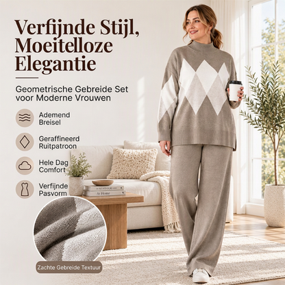 🔥Gratis verzending✈️Elegante 2-Delige Gebreide Set met Ruitpatroon en Wijde Broek