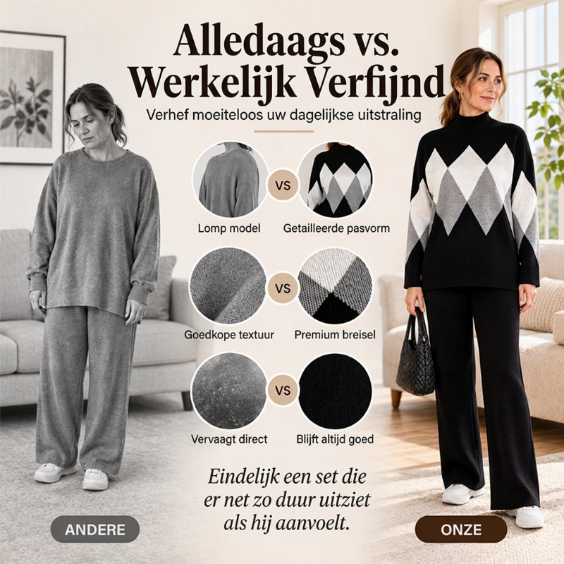 🔥Gratis verzending✈️Elegante 2-Delige Gebreide Set met Ruitpatroon en Wijde Broek
