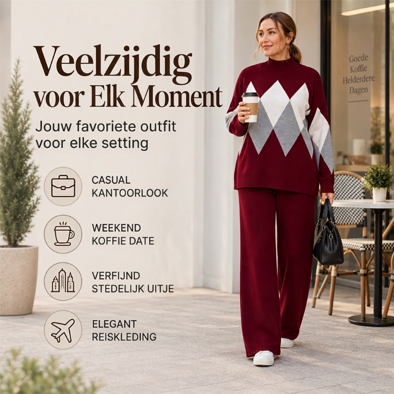 🔥Gratis verzending✈️Elegante 2-Delige Gebreide Set met Ruitpatroon en Wijde Broek