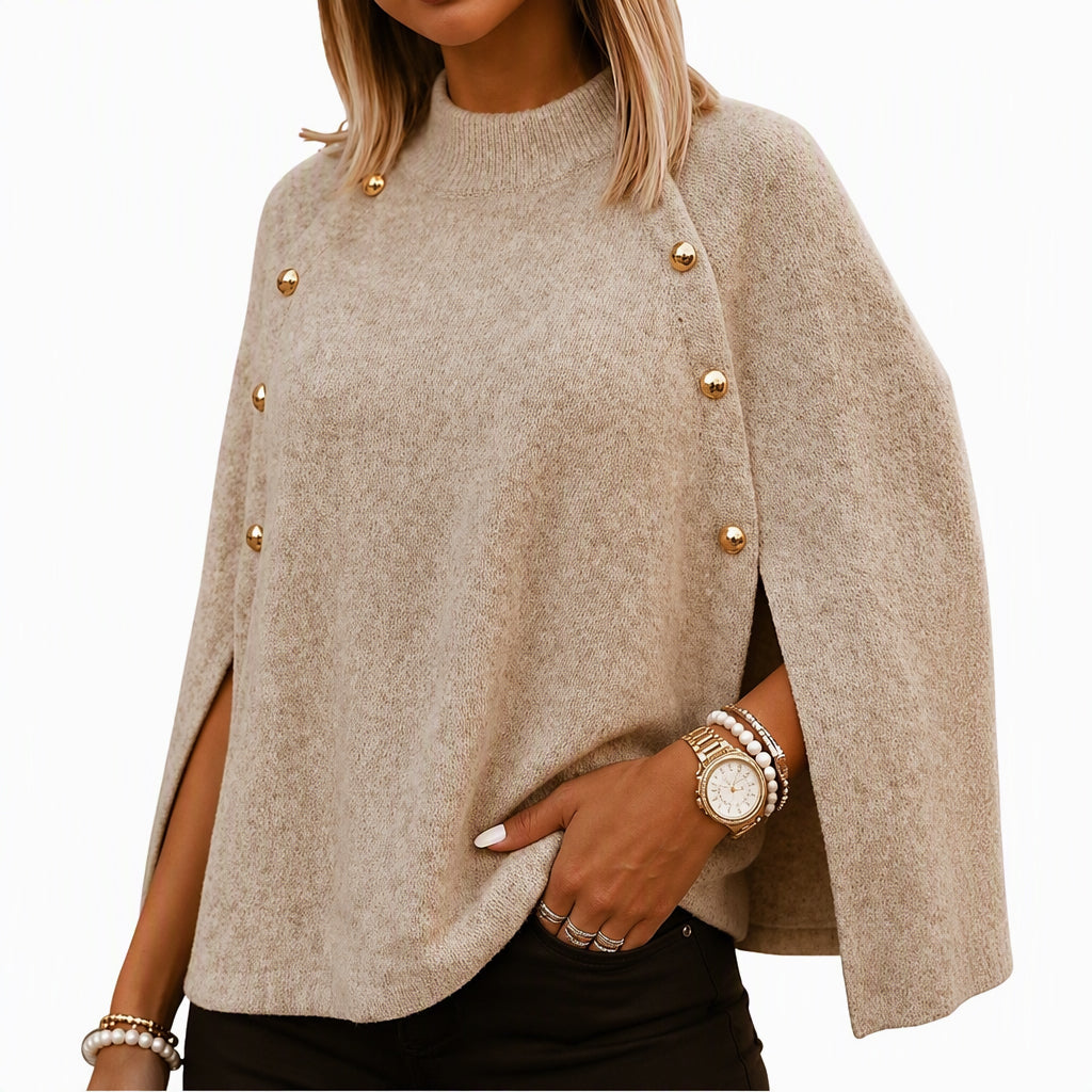 🔥Gratis verzending✈️Dames Gebreide Cape Poncho Trui met Knopen – Elegante Laagjeslook, Zacht Comfort & Tijdloze Stijl
