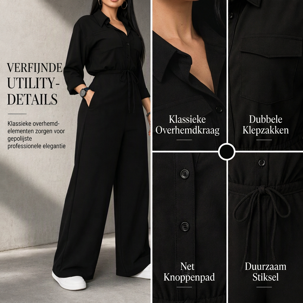 ✨ Nieuwe Collectie 🤎 Dames Jumpsuit met Reverskraag & Taille Strik – Effen Kleur, Elegante Overhemdstijl en Comfortabele Pasvorm