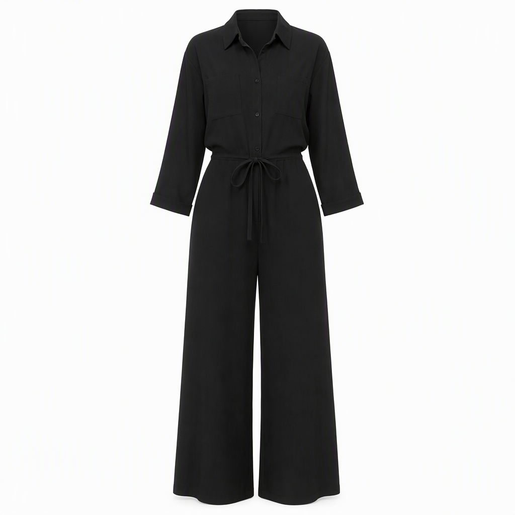 ✨ Nieuwe Collectie 🤎 Dames Jumpsuit met Reverskraag & Taille Strik – Effen Kleur, Elegante Overhemdstijl en Comfortabele Pasvorm