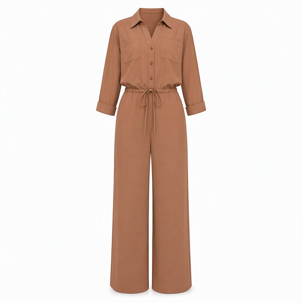 ✨ Nieuwe Collectie 🤎 Dames Jumpsuit met Reverskraag & Taille Strik – Effen Kleur, Elegante Overhemdstijl en Comfortabele Pasvorm