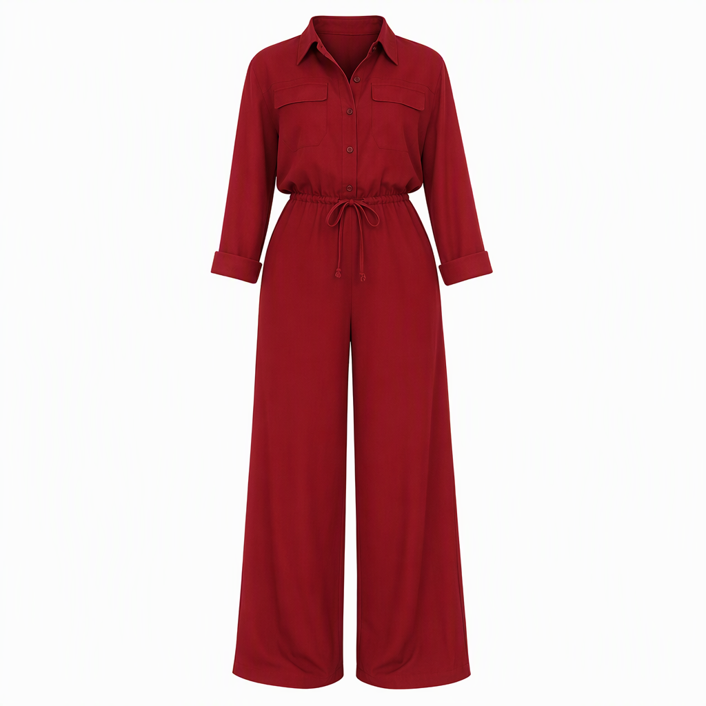 ✨ Nieuwe Collectie 🤎 Dames Jumpsuit met Reverskraag & Taille Strik – Effen Kleur, Elegante Overhemdstijl en Comfortabele Pasvorm