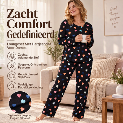 🔥Gratis verzending✈️Dames pyjamaset met hartprint en lange mouwen