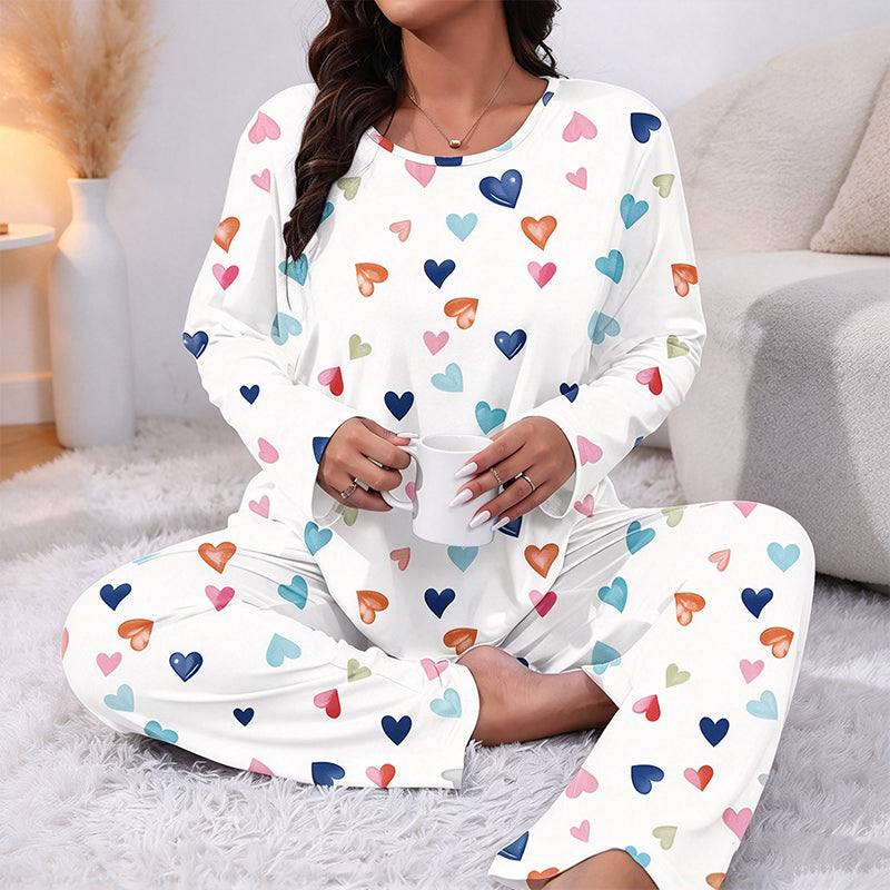 🔥Gratis verzending✈️Dames pyjamaset met hartprint en lange mouwen