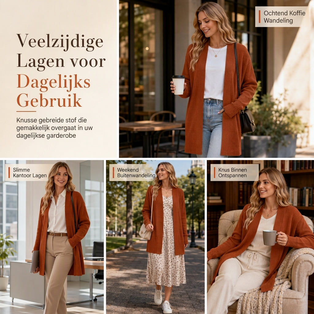 🍂 Nieuwe Favoriet 🤎 Dames Gebreid Vest op Middellange Lengte – Open Model met Geribde Manchetten, Comfortabel & Tijdloos Chic ✨