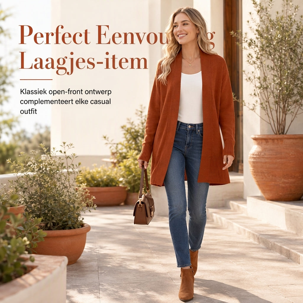 🍂 Nieuwe Favoriet 🤎 Dames Gebreid Vest op Middellange Lengte – Open Model met Geribde Manchetten, Comfortabel & Tijdloos Chic ✨