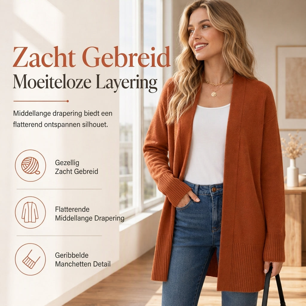 🍂 Nieuwe Favoriet 🤎 Dames Gebreid Vest op Middellange Lengte – Open Model met Geribde Manchetten, Comfortabel & Tijdloos Chic ✨