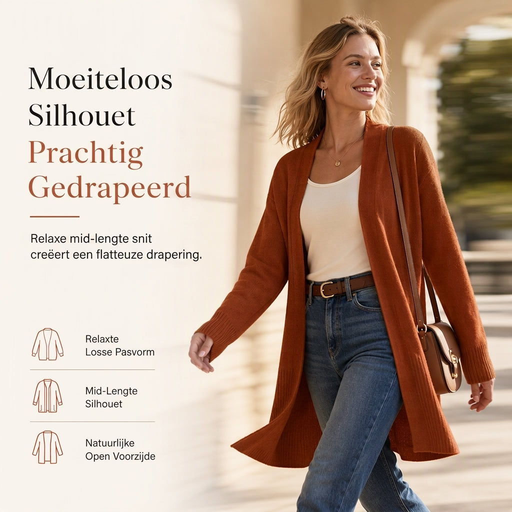 🍂 Nieuwe Favoriet 🤎 Dames Gebreid Vest op Middellange Lengte – Open Model met Geribde Manchetten, Comfortabel & Tijdloos Chic ✨