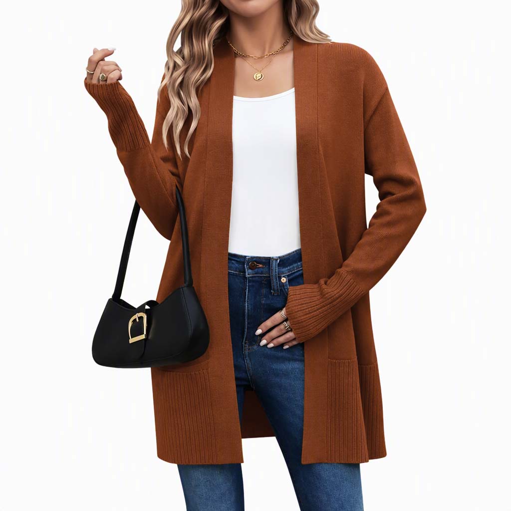 🍂 Nieuwe Favoriet 🤎 Dames Gebreid Vest op Middellange Lengte – Open Model met Geribde Manchetten, Comfortabel & Tijdloos Chic ✨