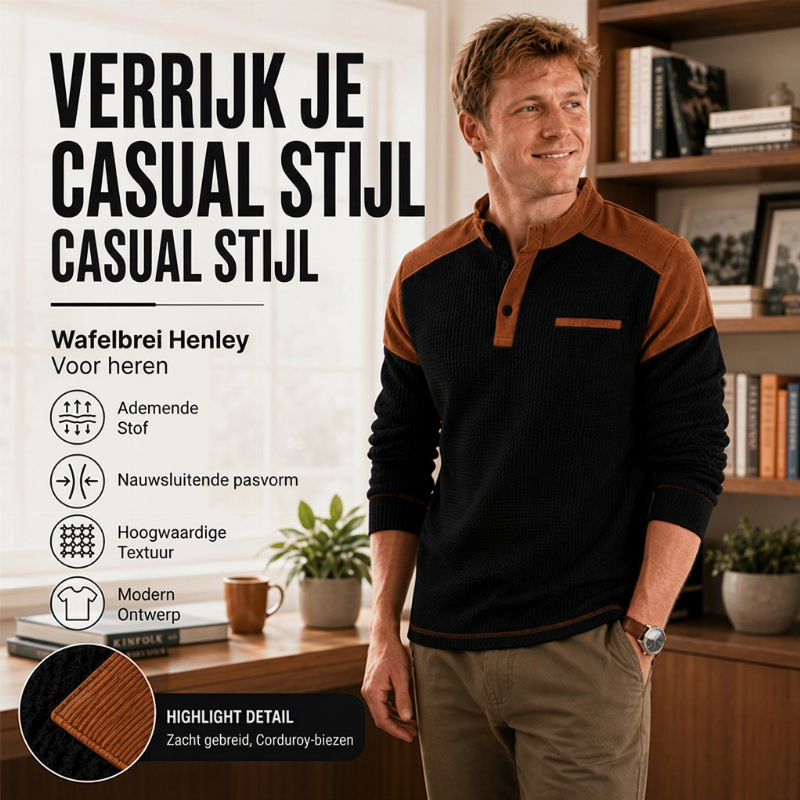 ✨ Tijdloze Herenstijl 🤎 Heren Wafelgebreide Sweatshirt met Opstaande Kraag – Casual Design & Comfortabele Pasvorm 👔