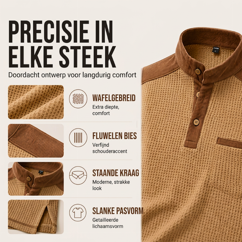 ✨ Tijdloze Herenstijl 🤎 Heren Wafelgebreide Sweatshirt met Opstaande Kraag – Casual Design & Comfortabele Pasvorm 👔