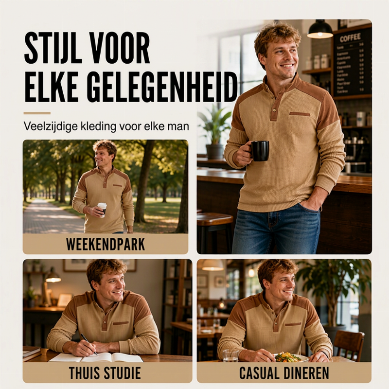 ✨ Tijdloze Herenstijl 🤎 Heren Wafelgebreide Sweatshirt met Opstaande Kraag – Casual Design & Comfortabele Pasvorm 👔
