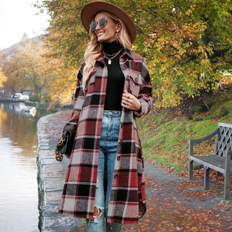 🔥Gratis verzending✈️Warme tweedjas met lange mouwen en geruite print voor dames