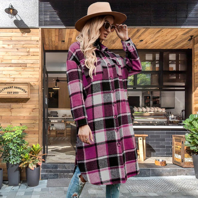 🔥Gratis verzending✈️Warme tweedjas met lange mouwen en geruite print voor dames