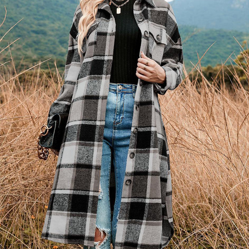 🔥Gratis verzending✈️Warme tweedjas met lange mouwen en geruite print voor dames