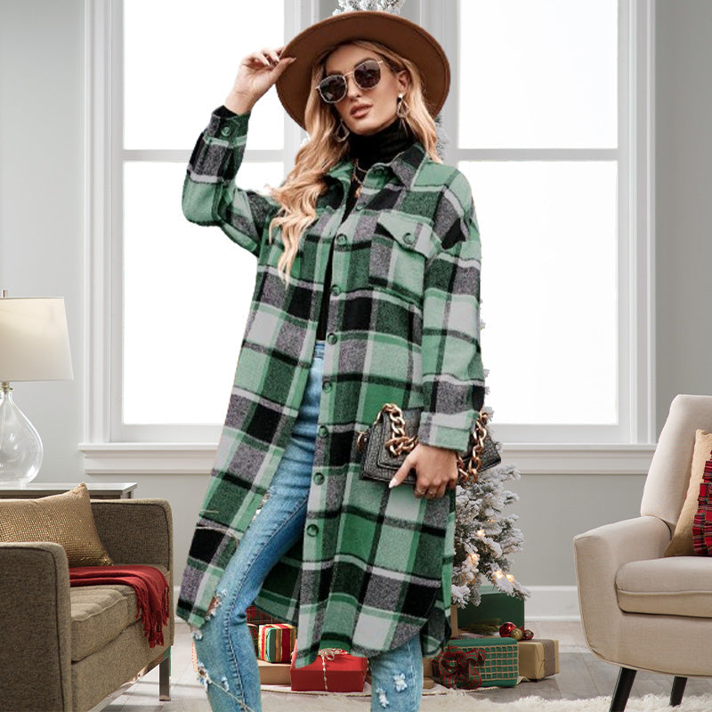 🔥Gratis verzending✈️Warme tweedjas met lange mouwen en geruite print voor dames