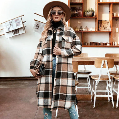 🔥Gratis verzending✈️Warme tweedjas met lange mouwen en geruite print voor dames