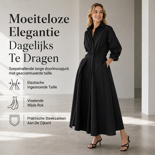 👗50 OFF🔥Stijlvolle dames shirtsjurk van katoen-linnen met effen kleur, omgeslagen kraag, elastische taille en uitlopende zwaaivormige zoom