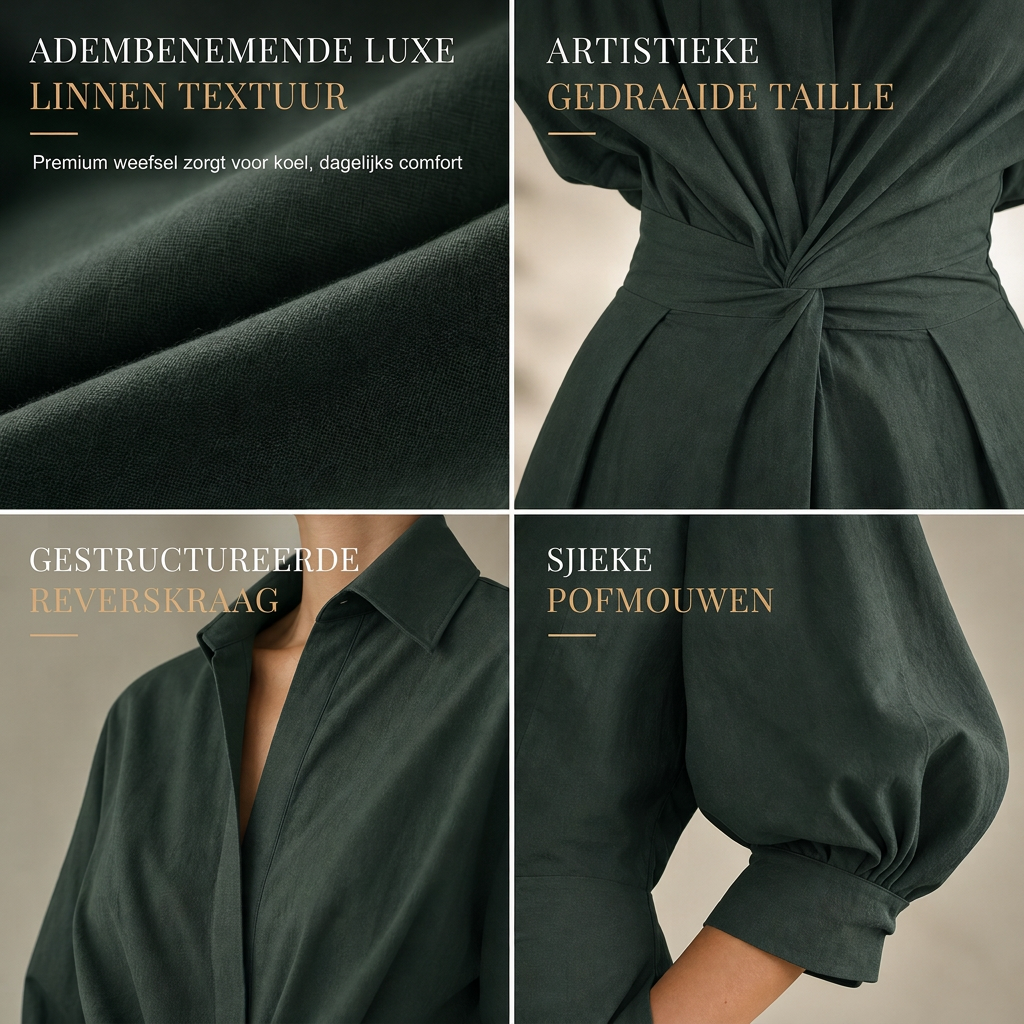👗50 OFF🔥Stijlvolle dames shirtsjurk van katoen-linnen met effen kleur, omgeslagen kraag, elastische taille en uitlopende zwaaivormige zoom