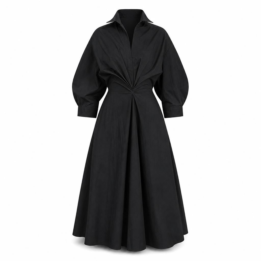 👗50 OFF🔥Stijlvolle dames shirtsjurk van katoen-linnen met effen kleur, omgeslagen kraag, elastische taille en uitlopende zwaaivormige zoom