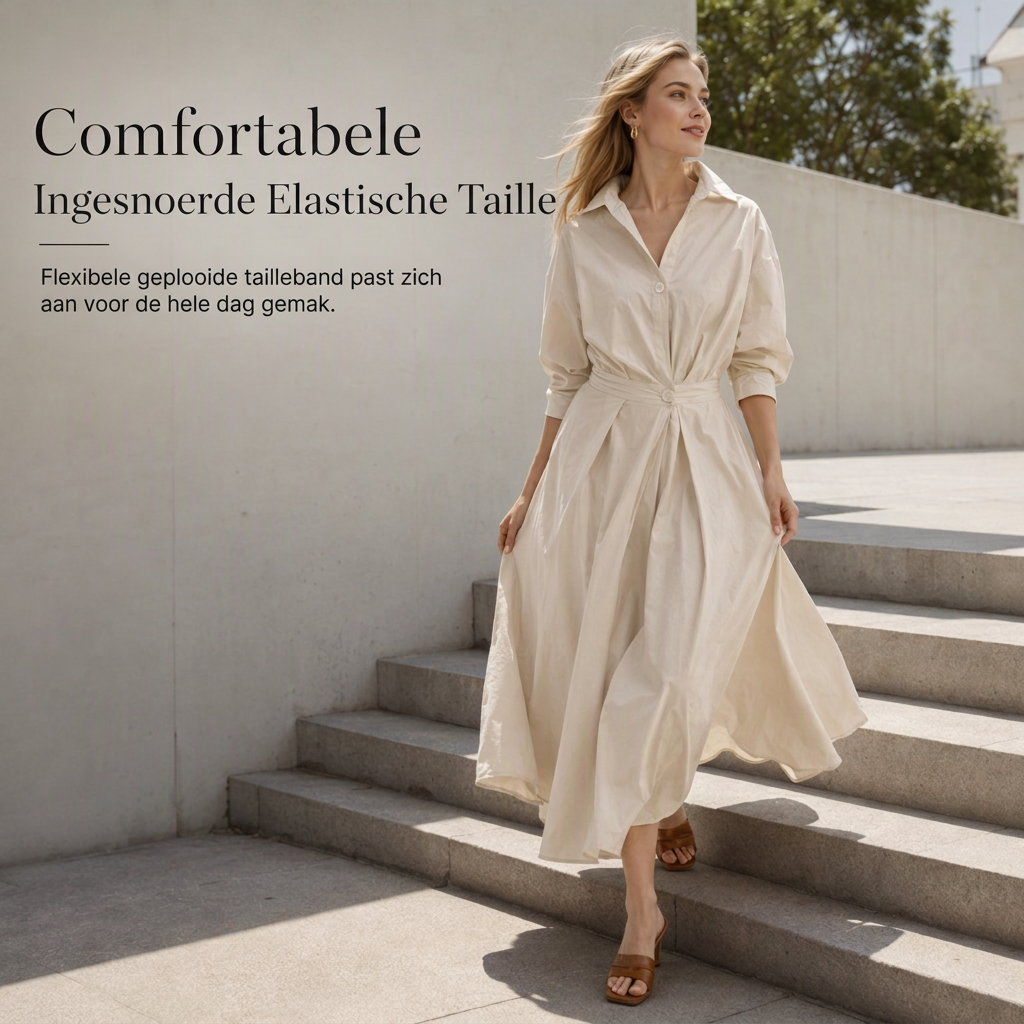 👗50 OFF🔥Stijlvolle dames shirtsjurk van katoen-linnen met effen kleur, omgeslagen kraag, elastische taille en uitlopende zwaaivormige zoom