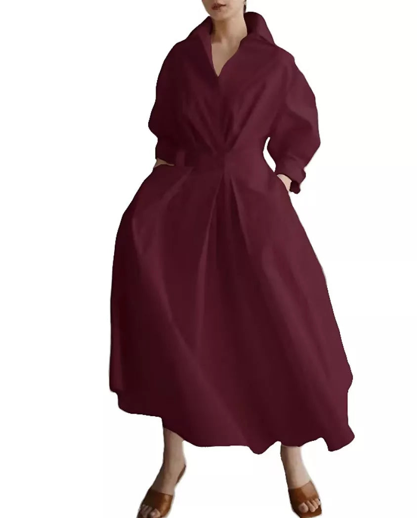👗50 OFF🔥Stijlvolle dames shirtsjurk van katoen-linnen met effen kleur, omgeslagen kraag, elastische taille en uitlopende zwaaivormige zoom
