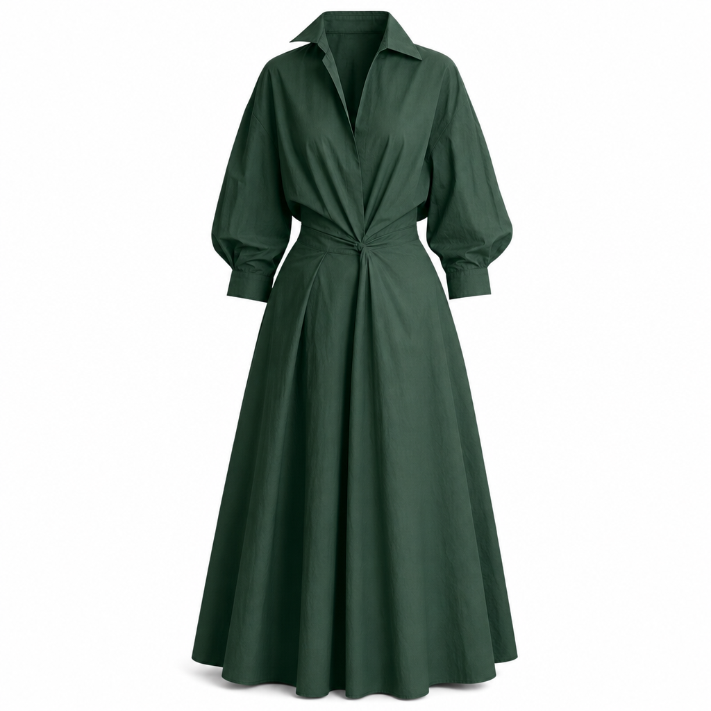 👗50 OFF🔥Stijlvolle dames shirtsjurk van katoen-linnen met effen kleur, omgeslagen kraag, elastische taille en uitlopende zwaaivormige zoom