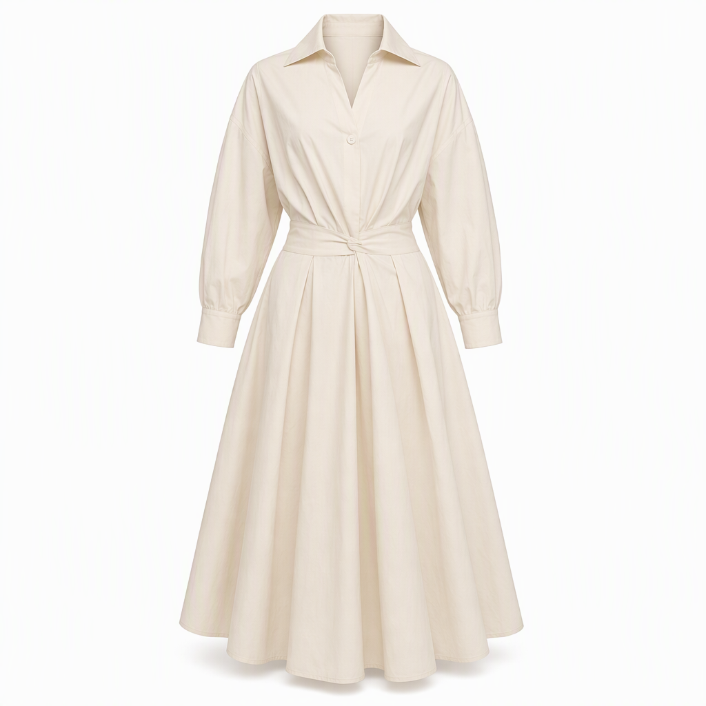 👗50 OFF🔥Stijlvolle dames shirtsjurk van katoen-linnen met effen kleur, omgeslagen kraag, elastische taille en uitlopende zwaaivormige zoom