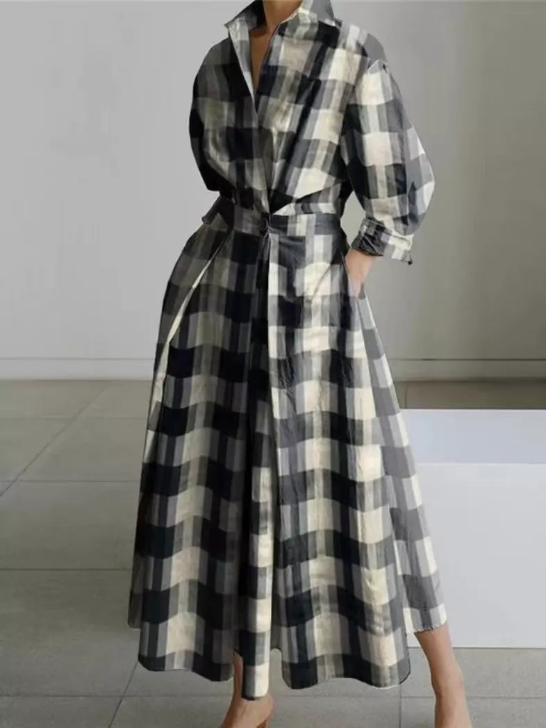 👗50 OFF🔥Stijlvolle dames shirtsjurk van katoen-linnen met effen kleur, omgeslagen kraag, elastische taille en uitlopende zwaaivormige zoom