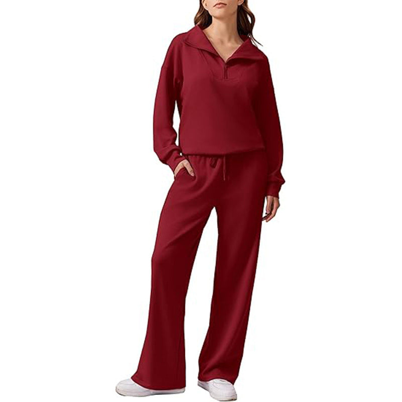 🔥Gratis verzending✈️Set bestaande uit een damesblouse met halve rits en opstaande kraag en een broek met wijde pijpen