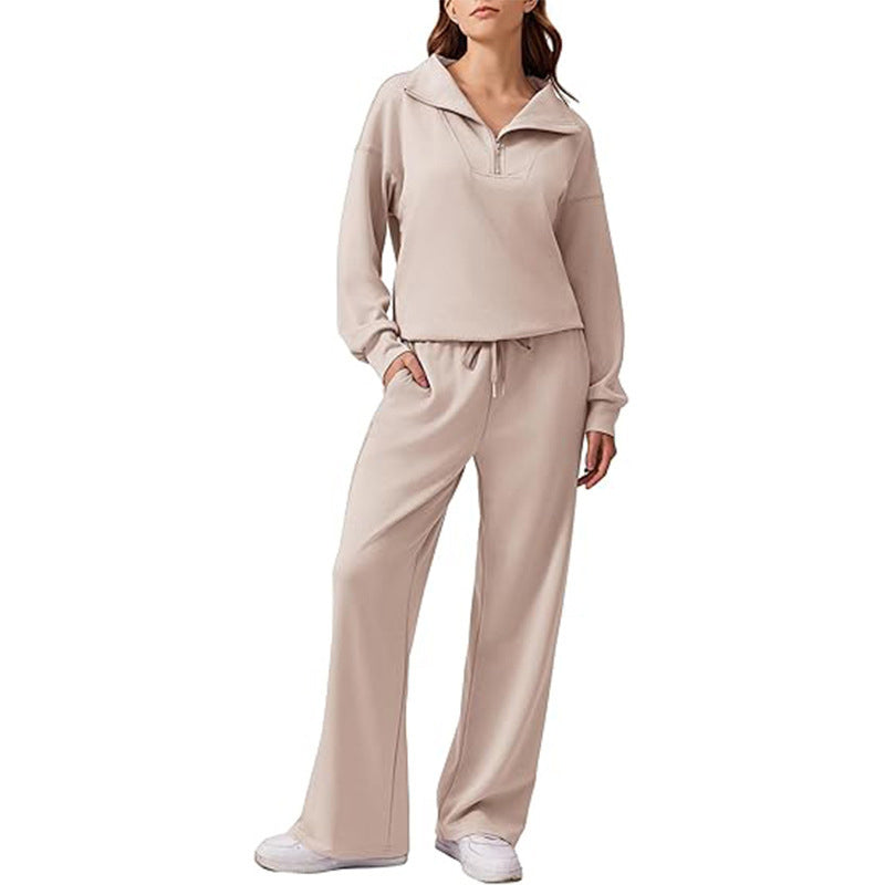 🔥Gratis verzending✈️Set bestaande uit een damesblouse met halve rits en opstaande kraag en een broek met wijde pijpen