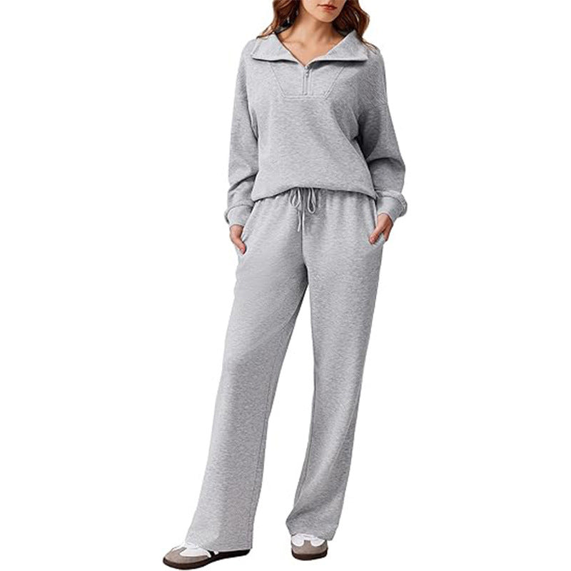 🔥Gratis verzending✈️Set bestaande uit een damesblouse met halve rits en opstaande kraag en een broek met wijde pijpen