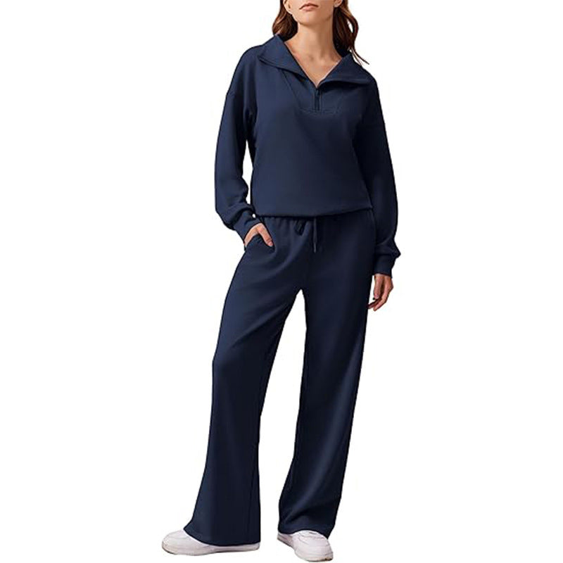 🔥Gratis verzending✈️Set bestaande uit een damesblouse met halve rits en opstaande kraag en een broek met wijde pijpen