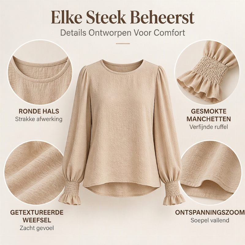 😍Stijlvolle damesblouse met ronde hals en smokkelpellen