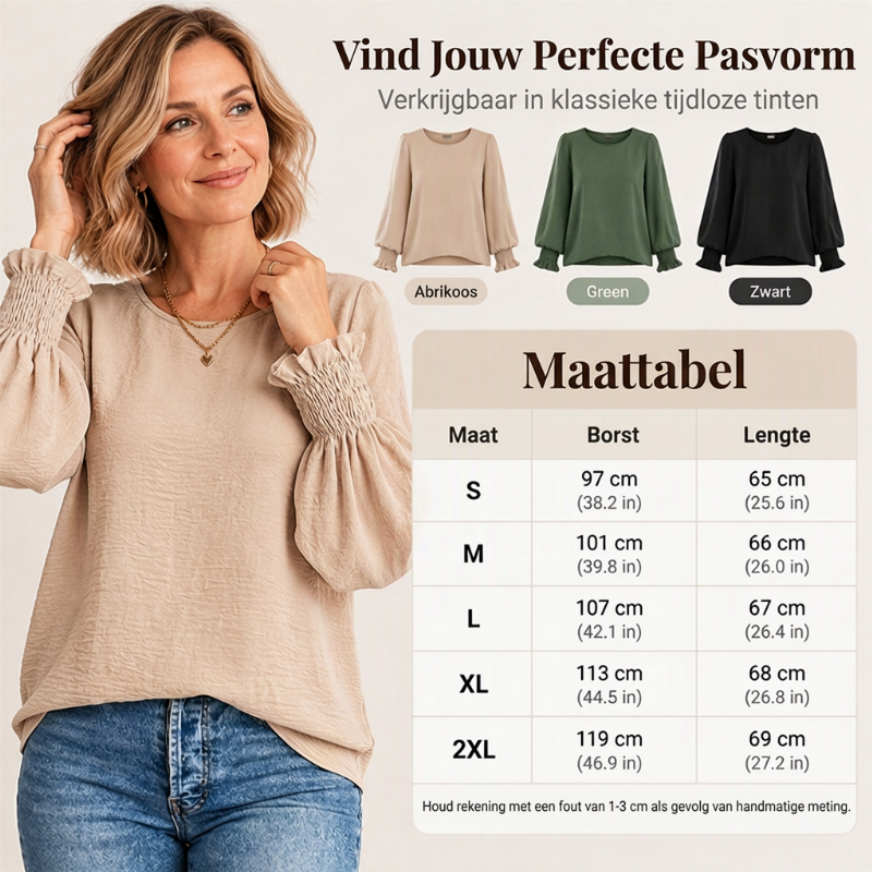 😍Stijlvolle damesblouse met ronde hals en smokkelpellen