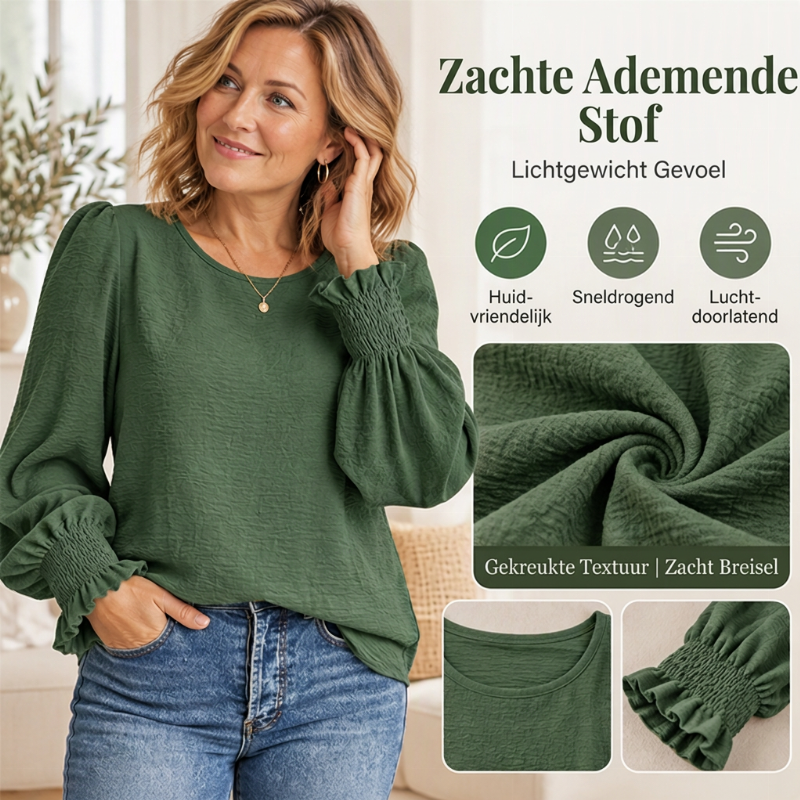 😍Stijlvolle damesblouse met ronde hals en smokkelpellen
