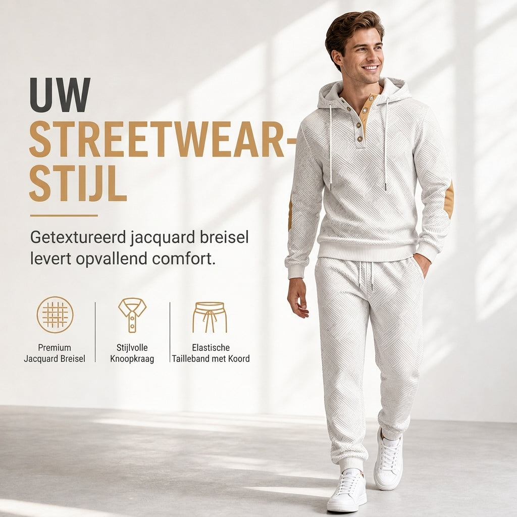 🔥Gratis verzending✈️Heren 2-Delige Jacquard Trainingspak – Casual Hoodie met Bijpassende Joggingbroek, Comfortabel & Stijlvol voor Herfst en Winter 👕